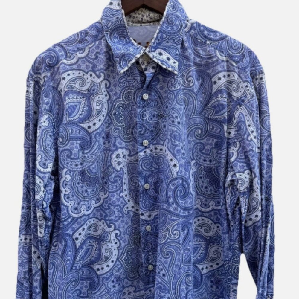 Robert Graham Paisley Button Down Shirt Size M Classic Fit Stretch Blue